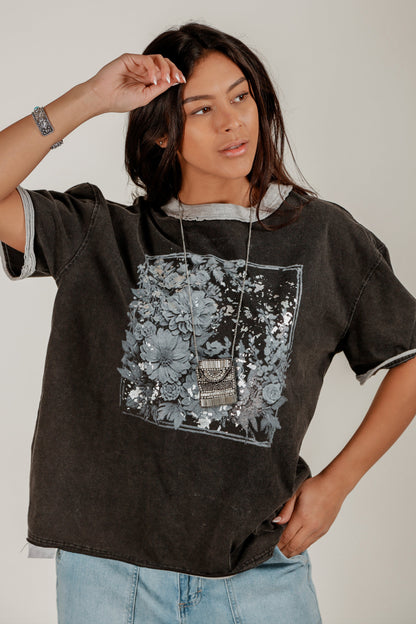 Eclipse Bloom Tee (T240004 BLACK WITH GLITTER ROSES)