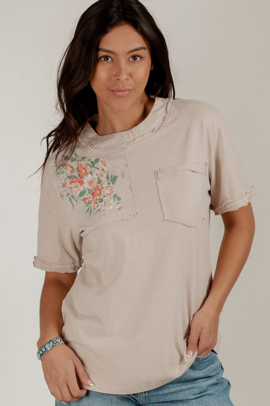 Floral art patched work Tee (sku# T240005 champagne)