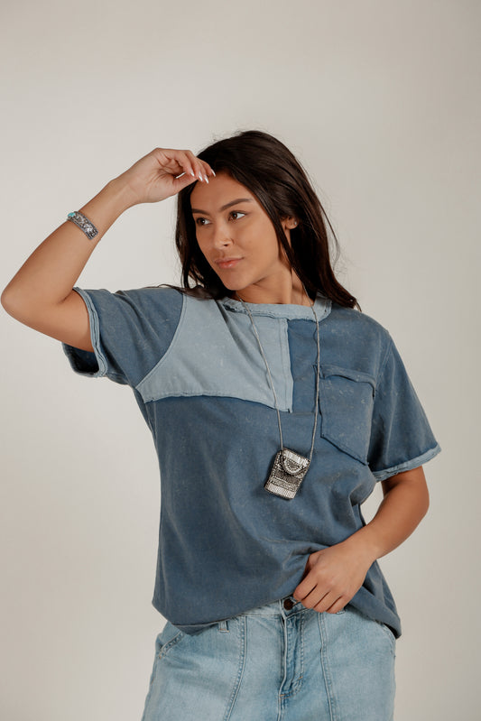 Mineral Washed patched Tee (sku# T240005 Navy)