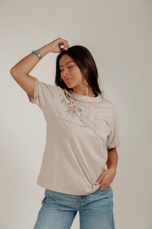 Floral Art patched  Tee (sku# T240005 Champagne)