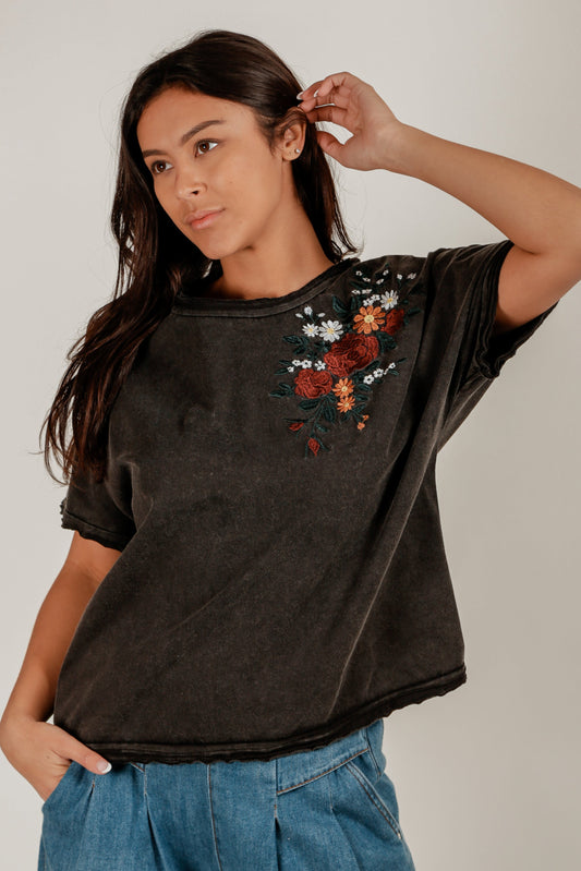 Midnight Bloom Dolman Tee (Wholesale)(T240006 BLACK EMB)