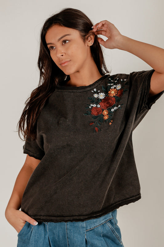 Midnight Bloom Dolman Tee (T240006  Mineral Washed Black Wth Red Rose)