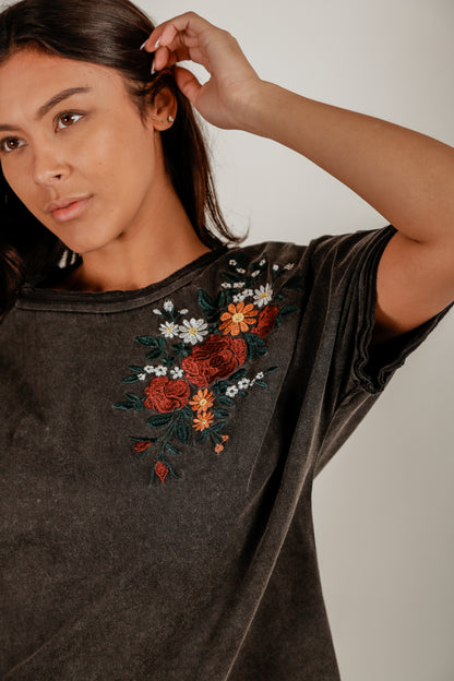 Midnight Bloom Dolman Tee (T240006  Mineral Washed Black Wth Red Rose)