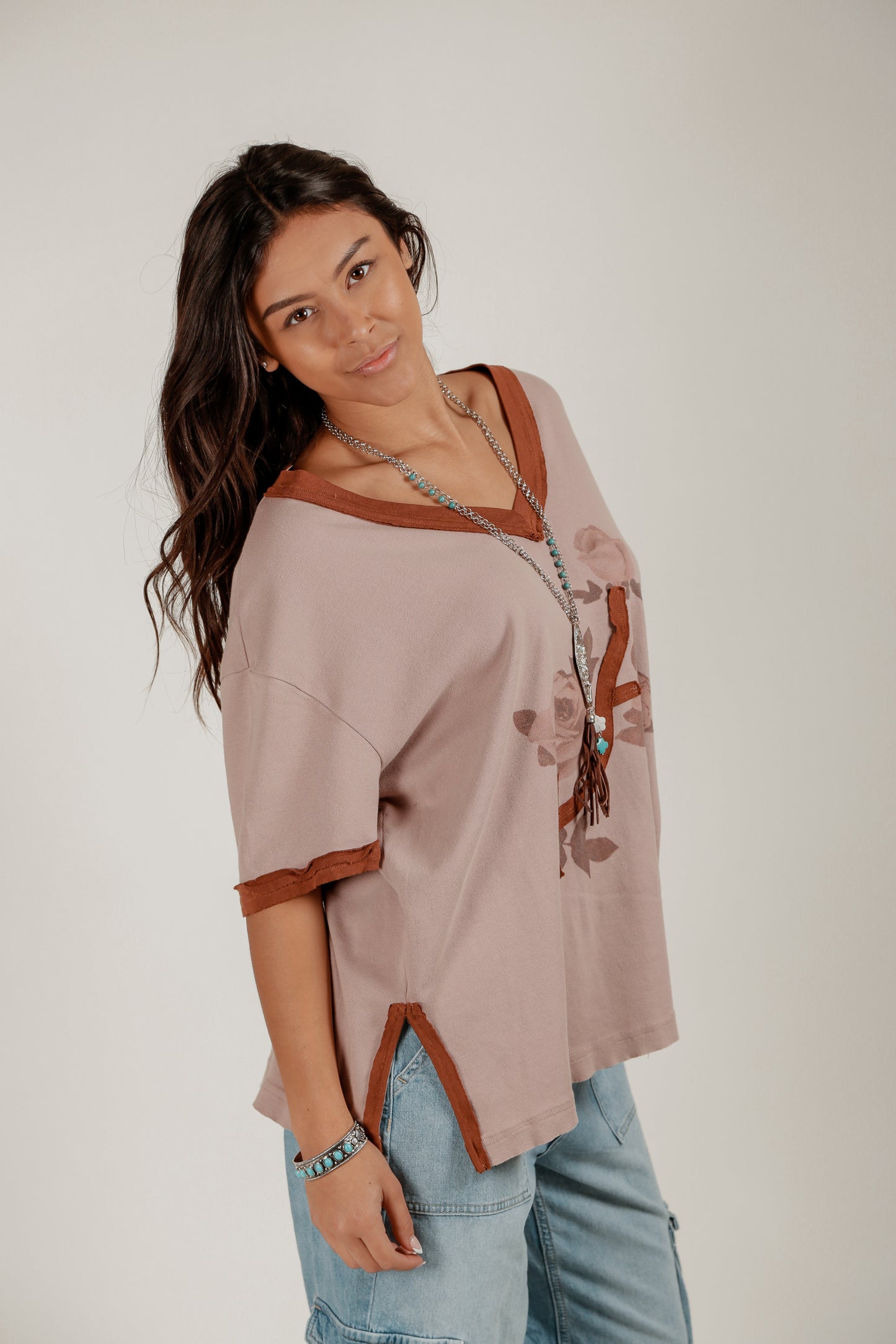Burgundy Blossom Ribbed Tee(T240008 Mineral Washed Pink)