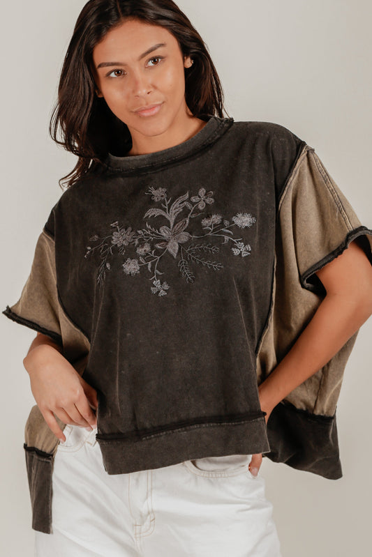 Patched  Flattery Tee (T240009 Mineral Washed Black with Embroideried Roses)