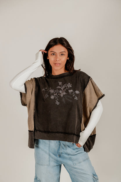 Patched  Flattery Tee (T240009 Mineral Washed Black with Embroideried Roses)