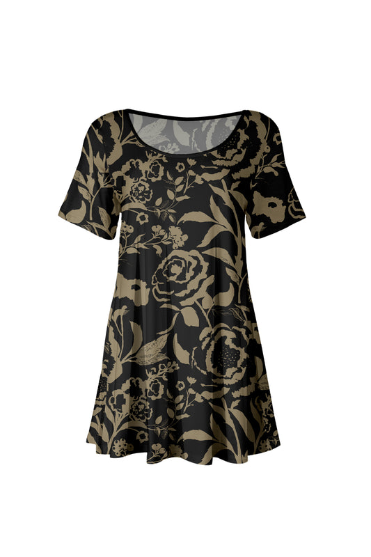 Short SleevesTunic with beautiful prints-Black Gold Floral