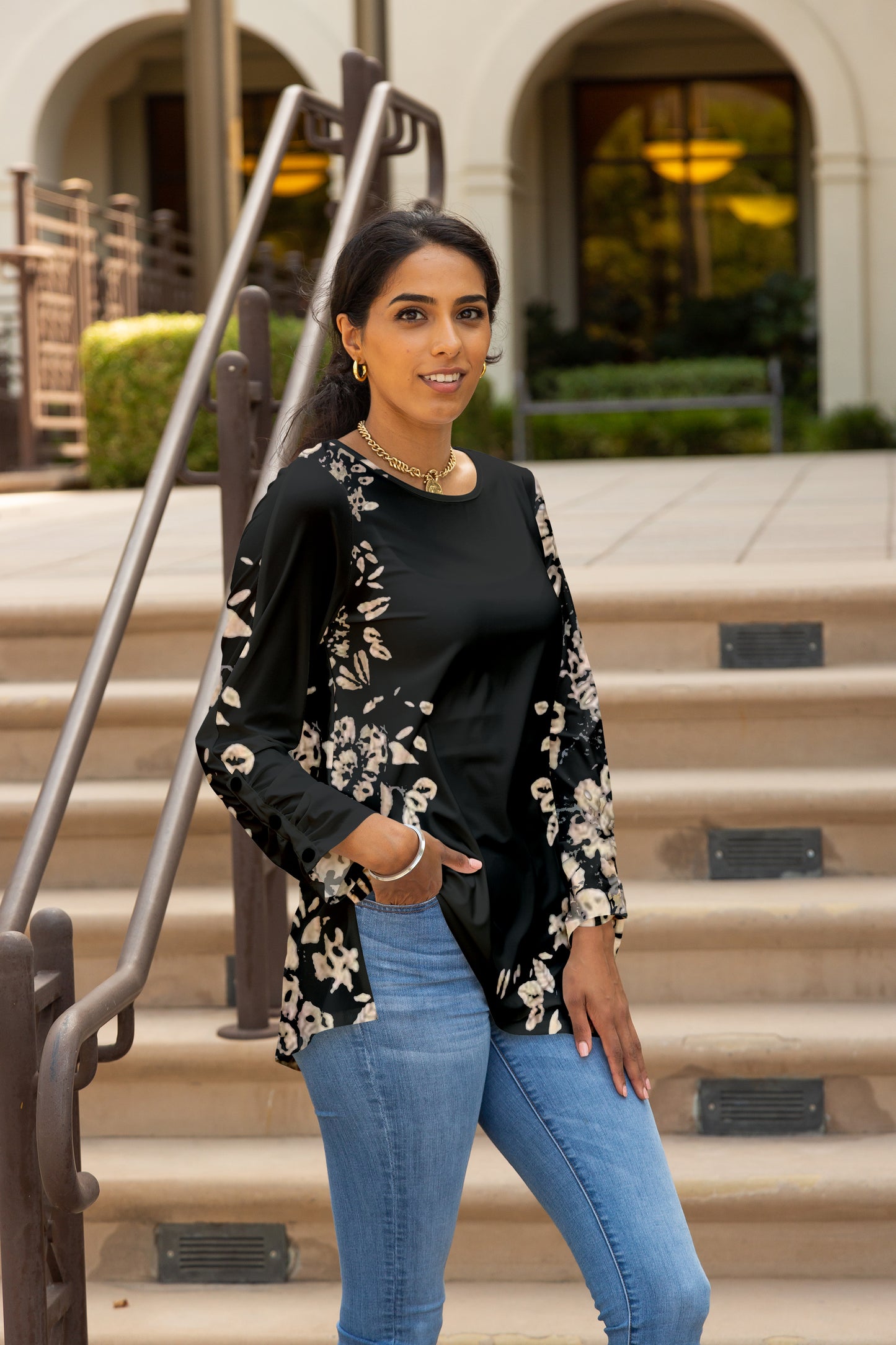 Side-Button Sleeve Flowy Tunic-Black Gold Floral