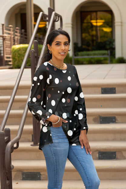 Side-Button Sleeve Flowy Tunic-Black Gold Floral