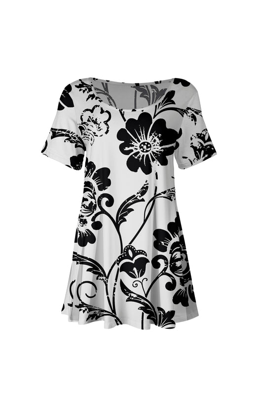 Short SleevesTunic with beautiful prints-White Black Floral
