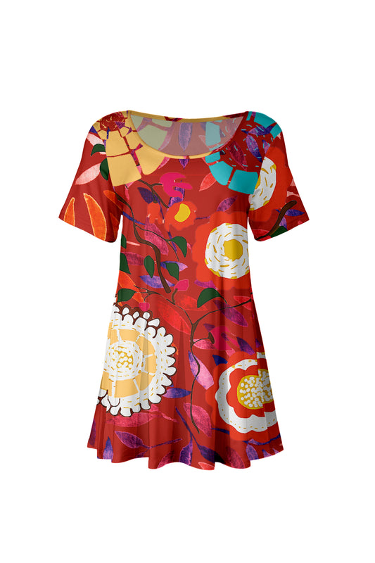 Short SleevesTunic with beautiful prints-Red Multi