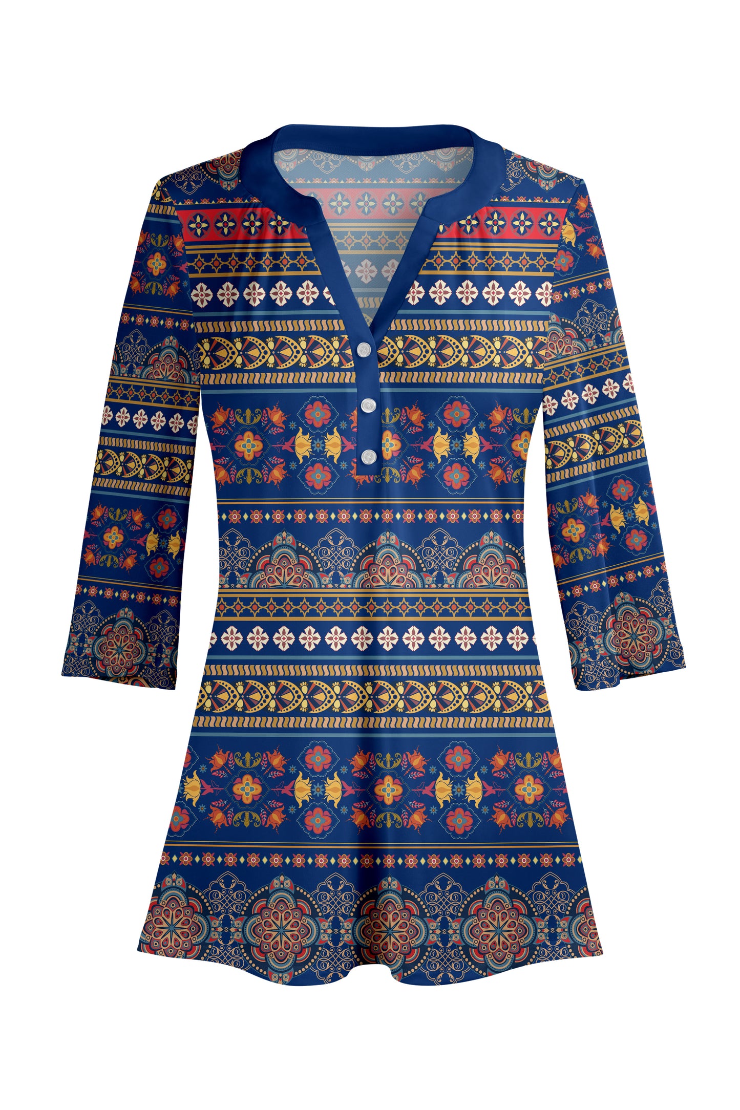 Classic Button-Front V-Collar Tunic-White Multi Strips