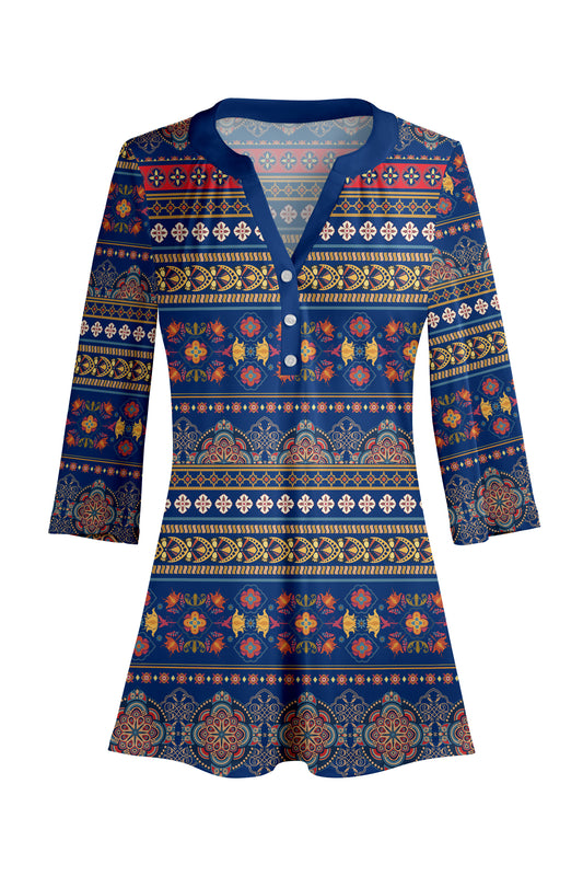 Classic Button-Front V-Collar Tunic-Navy Multi