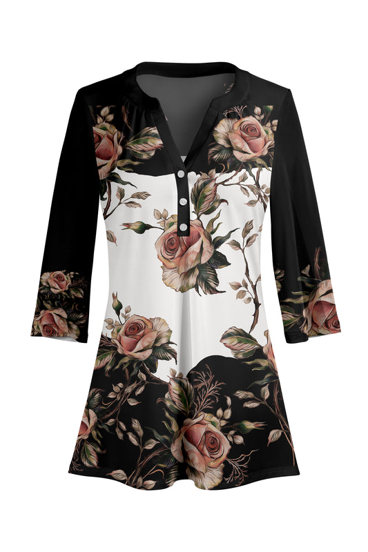 Classic Button-Front V-Collar Tunic-Black White Rose