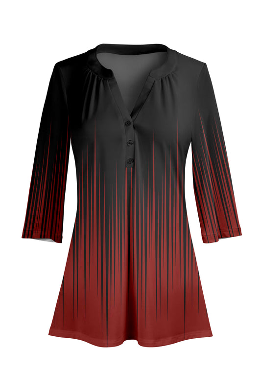 Classic Button-Front V-Collar Tunic-Black Red