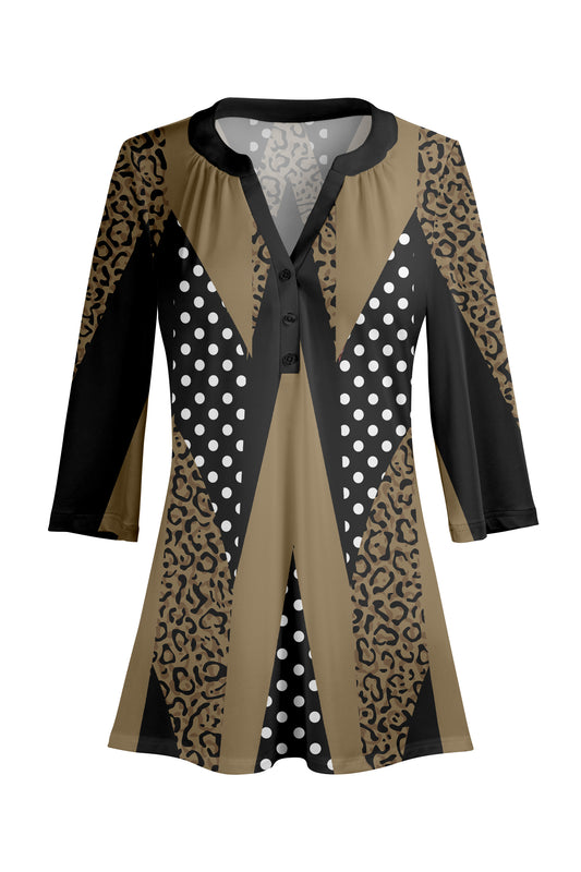Classic Button-Front V-Collar Tunic-Black Brown