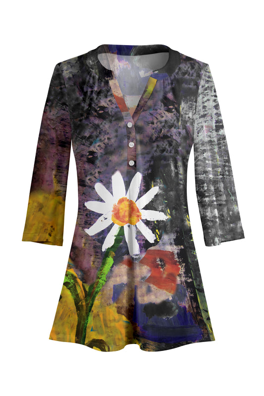 Classic Button-Front V-Collar Tunic-Yellow White