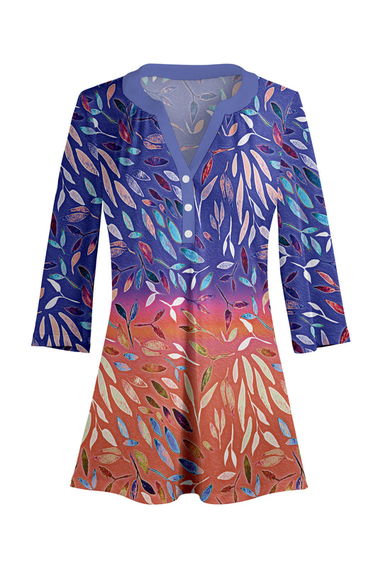 Classic Button-Front V-Collar Tunic-Blue Yellow