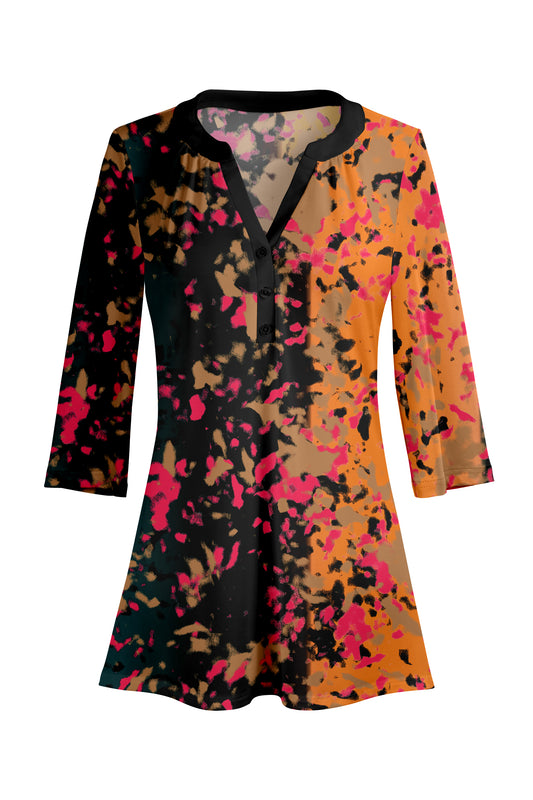 Classic Button-Front V-Collar Tunic-Black Pink