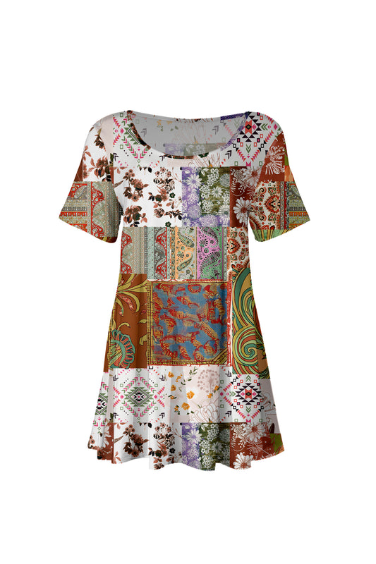 Short SleevesTunic with beautiful prints- White Multi Patched