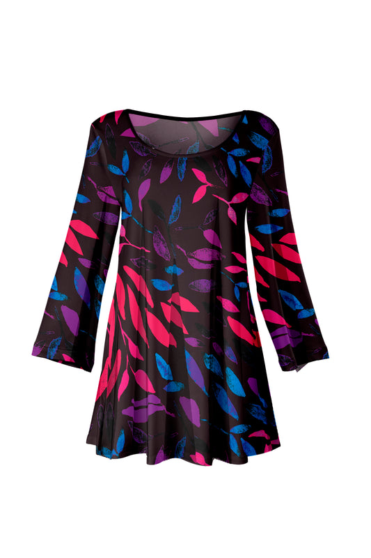 Bold Prints Tunic-Black Pink Purple Leaves